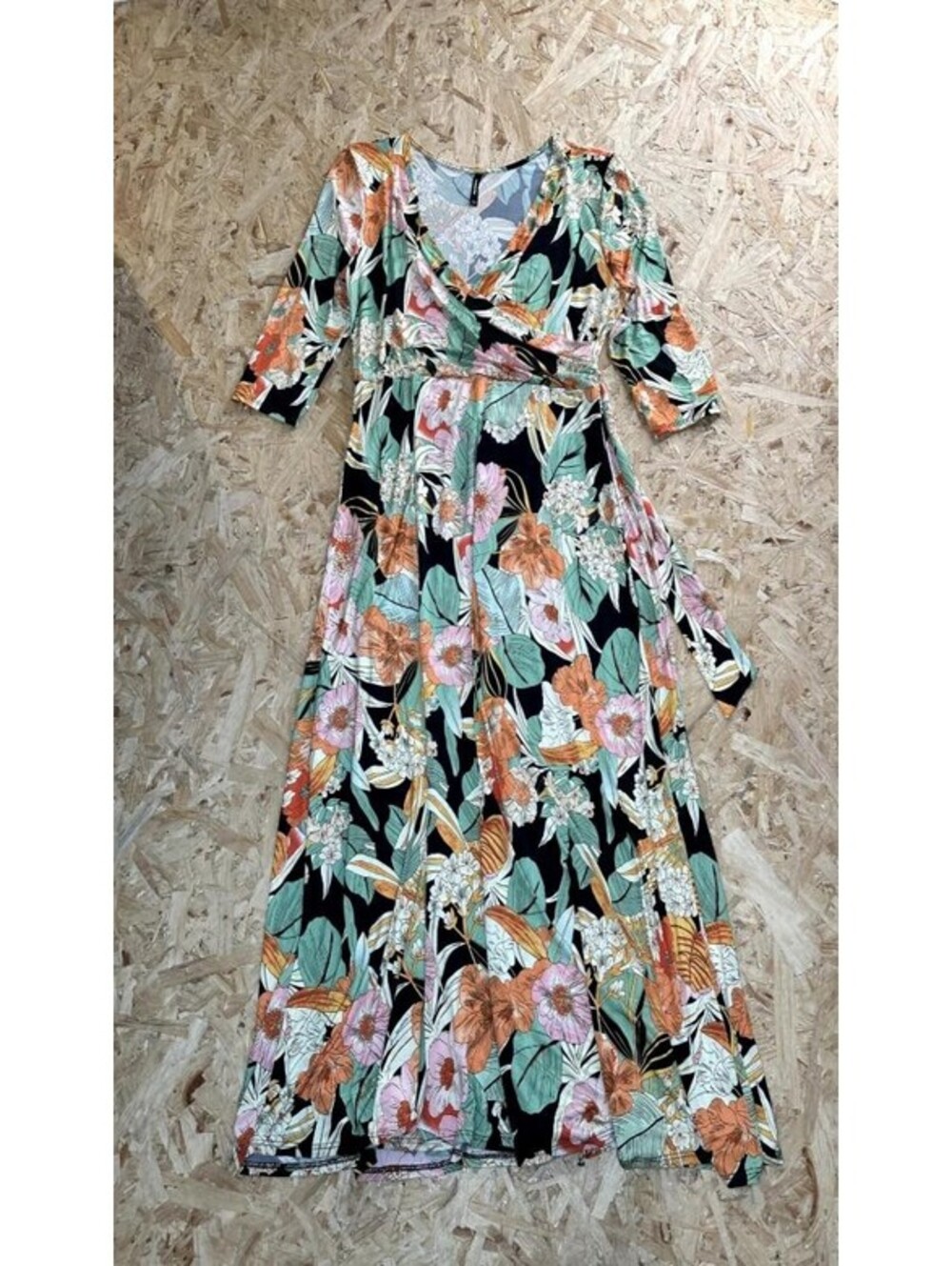 Janette Floral Maxi Dress Womens Small Medium Faux Wrap V-Neck 3/4 Sleeve